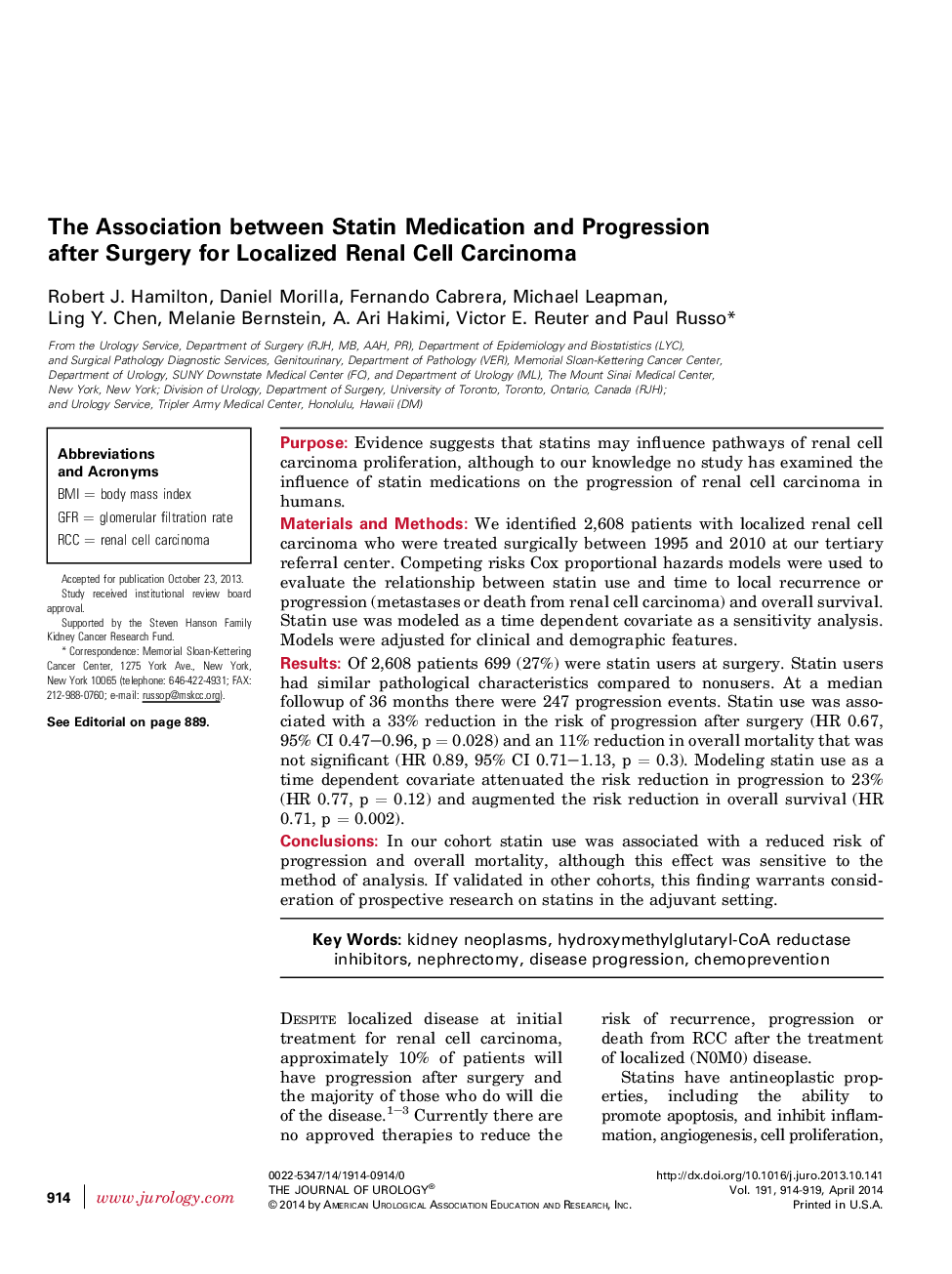 The Association between Statin Medication and Progression after Surgery for Localized Renal Cell Carcinoma 