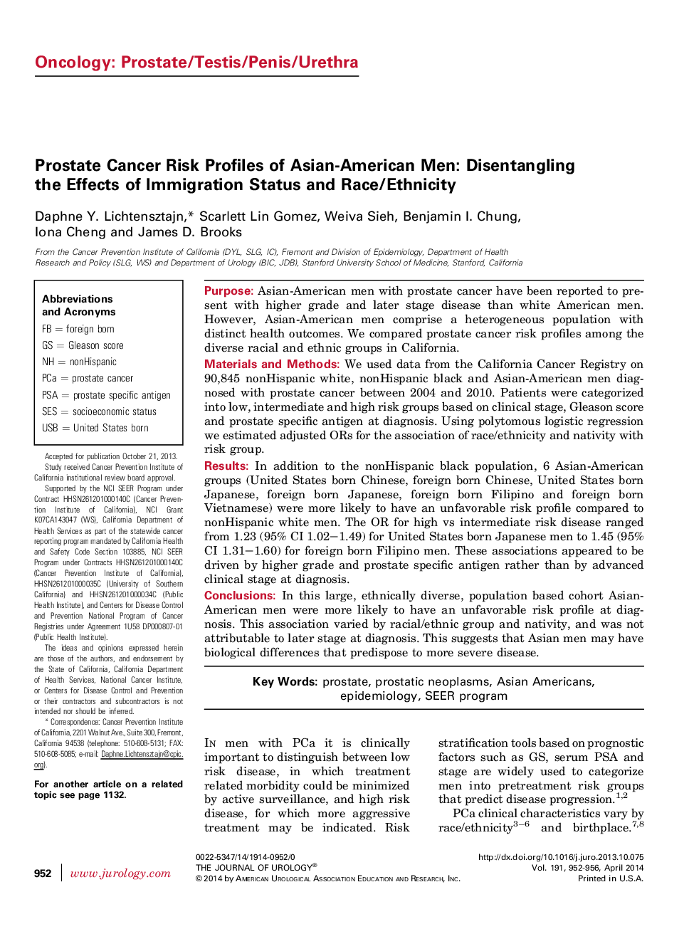 پروفایل ریسک سرطان پروستات مردان آسیایی-آمریکایی: رها شدن از وضعیت مهاجرت و نژاد / قومیت 