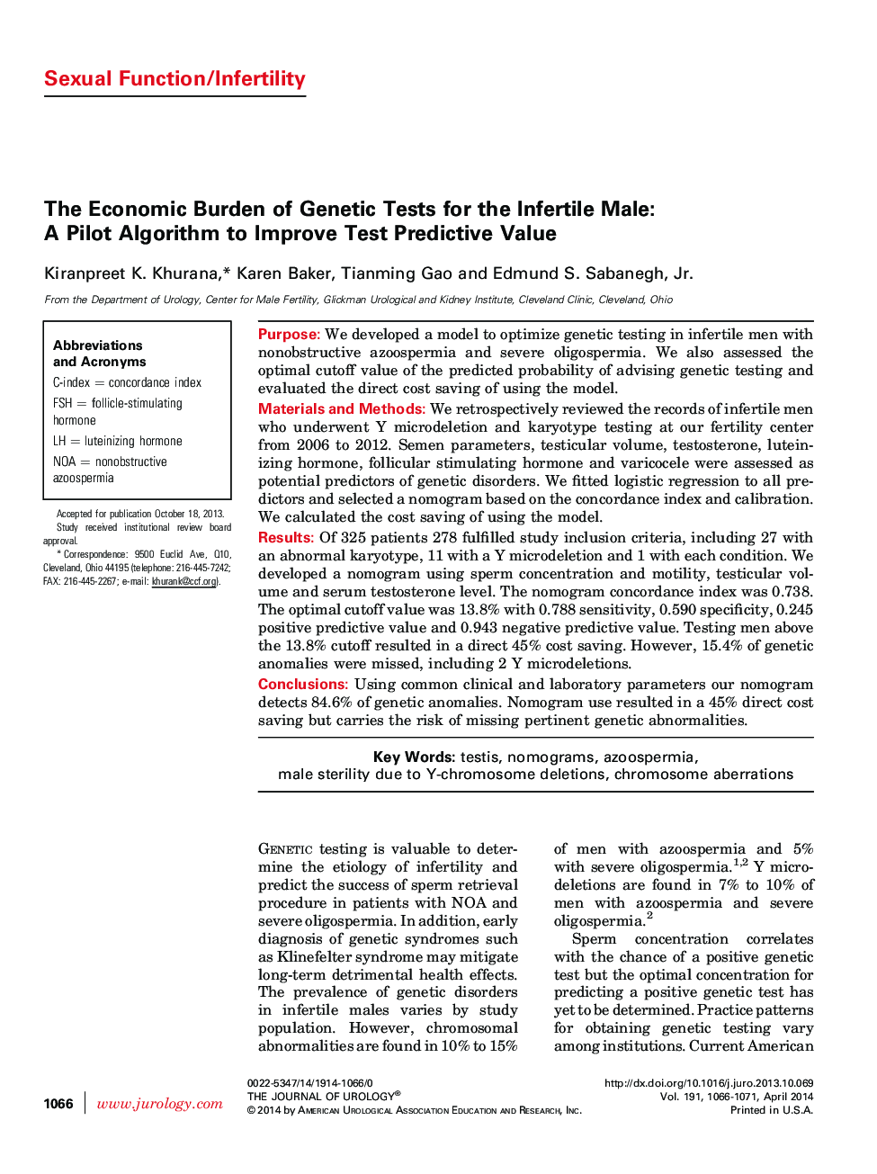 The Economic Burden of Genetic Tests for the Infertile Male: A Pilot Algorithm to Improve Test Predictive Value 