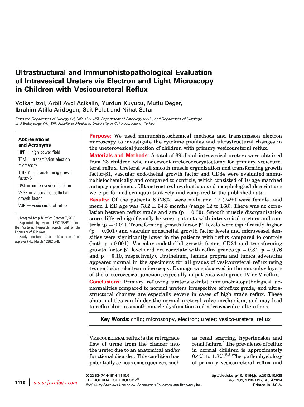 Ultrastructural and Immunohistopathological Evaluation of Intravesical Ureters via Electron and Light Microscopy in Children with Vesicoureteral Reflux 