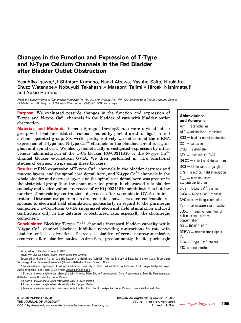 Changes in the Function and Expression of T-Type and N-Type Calcium Channels in the Rat Bladder after Bladder Outlet Obstruction 