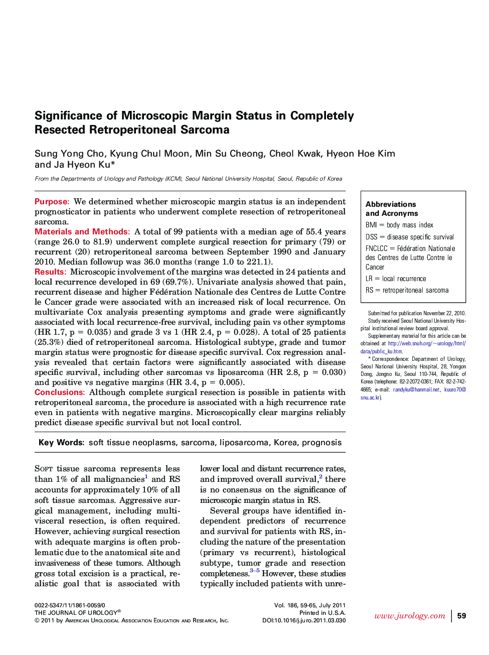 Significance of Microscopic Margin Status in Completely Resected Retroperitoneal Sarcoma 