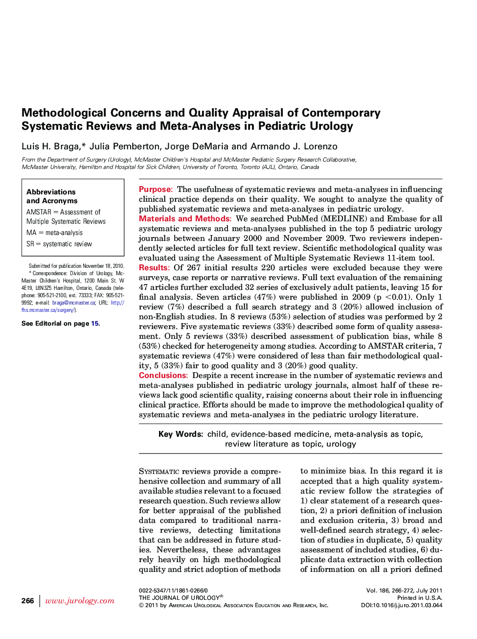 Methodological Concerns and Quality Appraisal of Contemporary Systematic Reviews and Meta-Analyses in Pediatric Urology