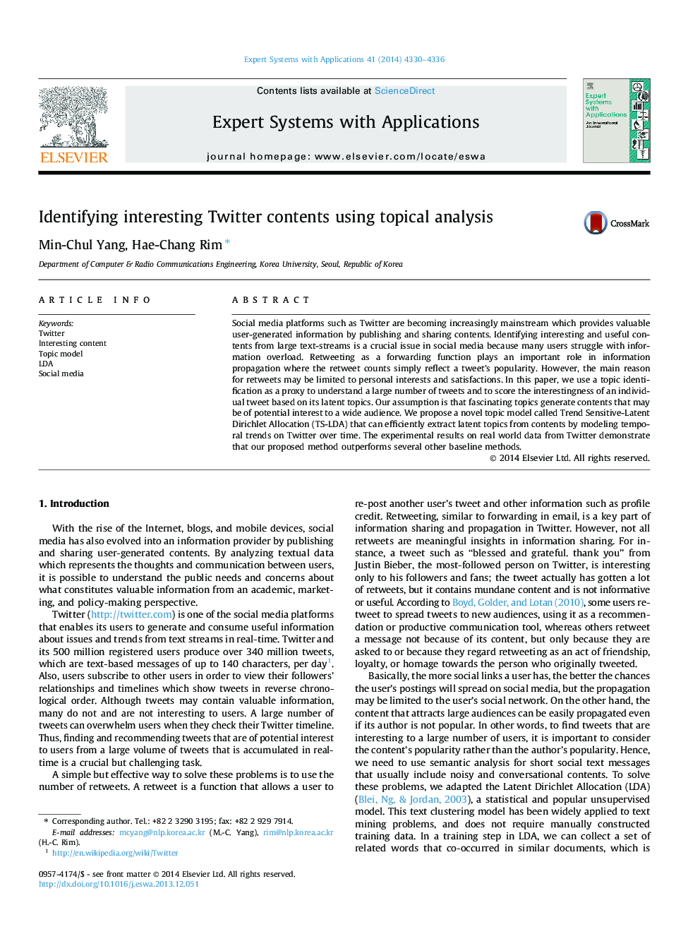 Identifying interesting Twitter contents using topical analysis