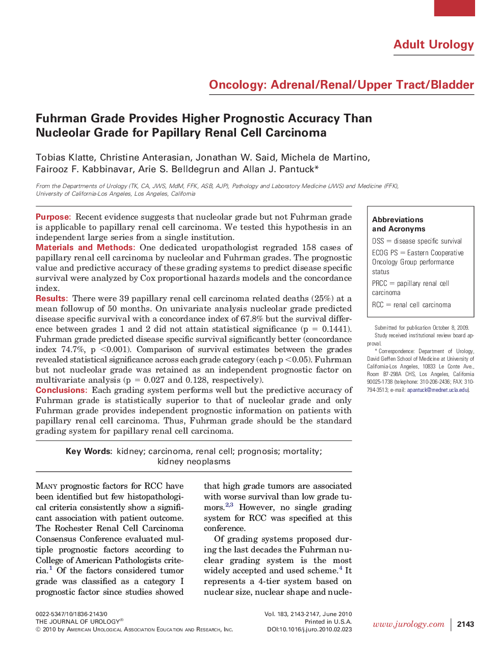 Fuhrman Grade Provides Higher Prognostic Accuracy Than Nucleolar Grade for Papillary Renal Cell Carcinoma 