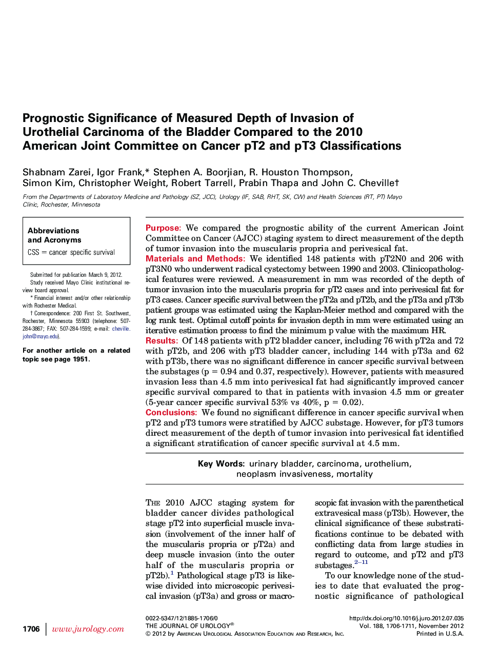 Prognostic Significance of Measured Depth of Invasion of Urothelial Carcinoma of the Bladder Compared to the 2010 American Joint Committee on Cancer pT2 and pT3 Classifications 