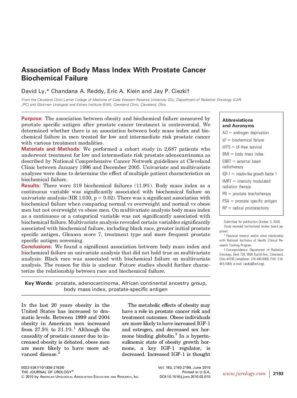 Association of Body Mass Index With Prostate Cancer Biochemical Failure