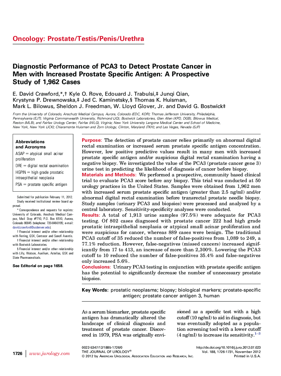 Diagnostic Performance of PCA3 to Detect Prostate Cancer in Men with Increased Prostate Specific Antigen: A Prospective Study of 1,962 Cases 