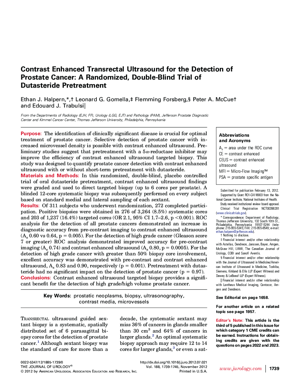 Contrast Enhanced Transrectal Ultrasound for the Detection of Prostate Cancer: A Randomized, Double-Blind Trial of Dutasteride Pretreatment