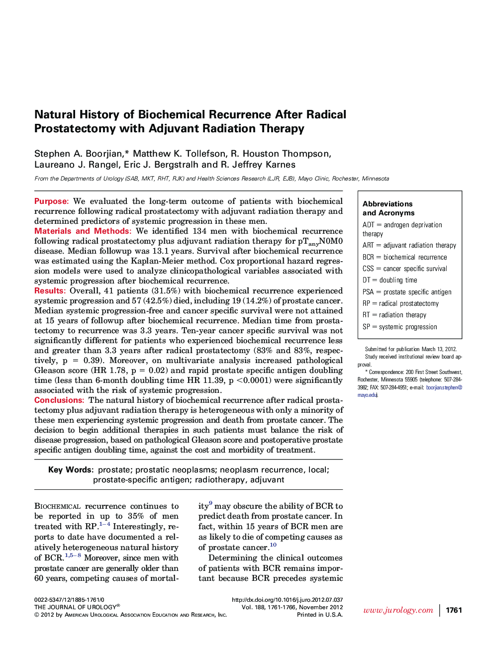 Natural History of Biochemical Recurrence After Radical Prostatectomy with Adjuvant Radiation Therapy 