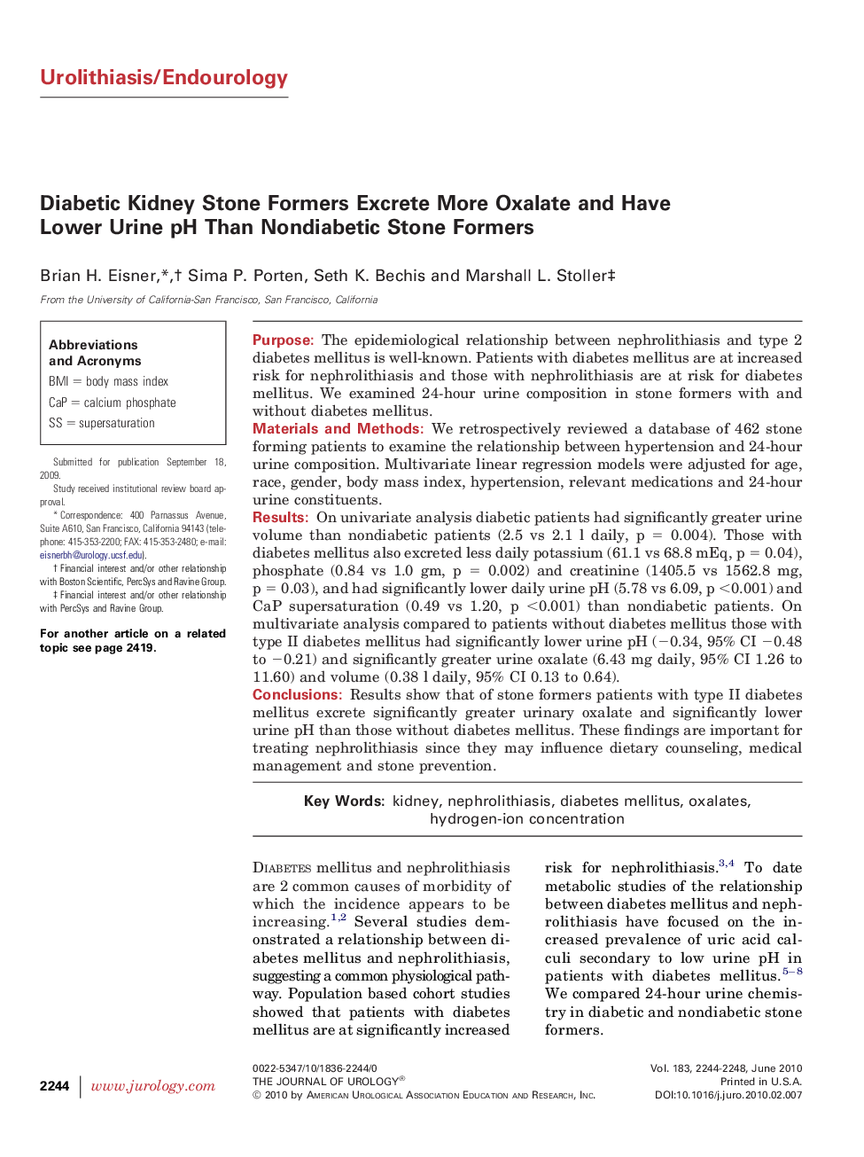 Diabetic Kidney Stone Formers Excrete More Oxalate and Have Lower Urine pH Than Nondiabetic Stone Formers