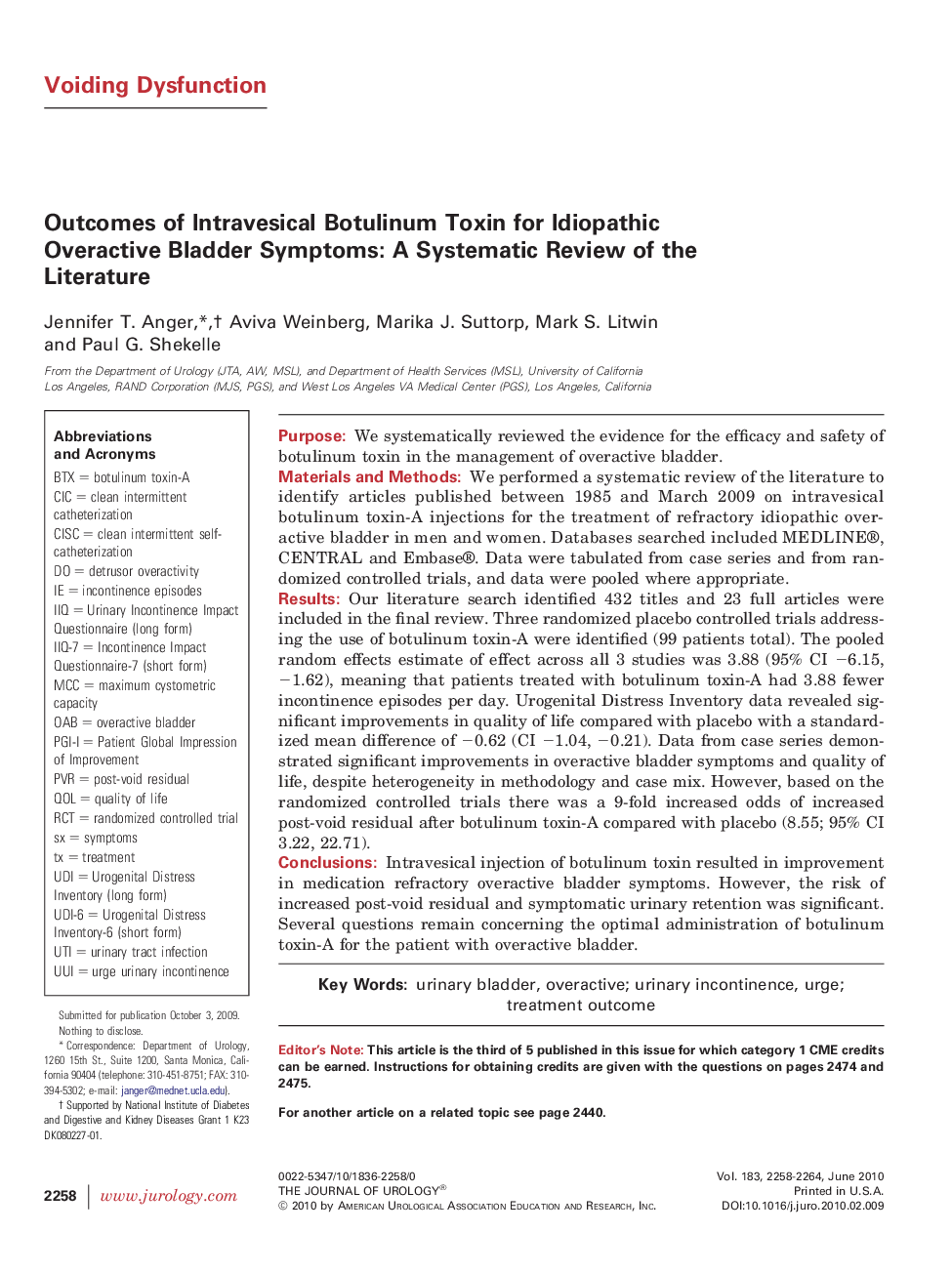 Outcomes of Intravesical Botulinum Toxin for Idiopathic Overactive Bladder Symptoms: A Systematic Review of the Literature 