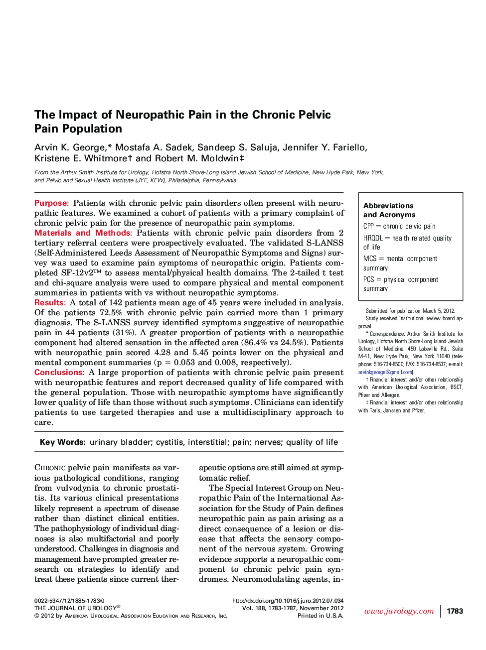 The Impact of Neuropathic Pain in the Chronic Pelvic Pain Population