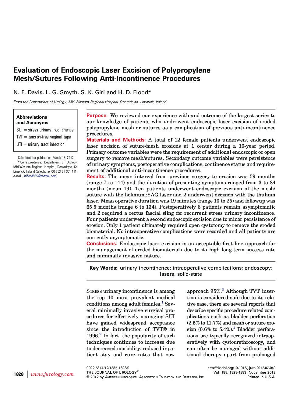 Evaluation of Endoscopic Laser Excision of Polypropylene Mesh/Sutures Following Anti-Incontinence Procedures