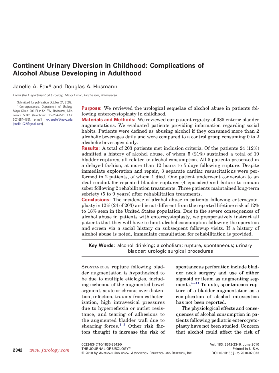 Continent Urinary Diversion in Childhood: Complications of Alcohol Abuse Developing in Adulthood