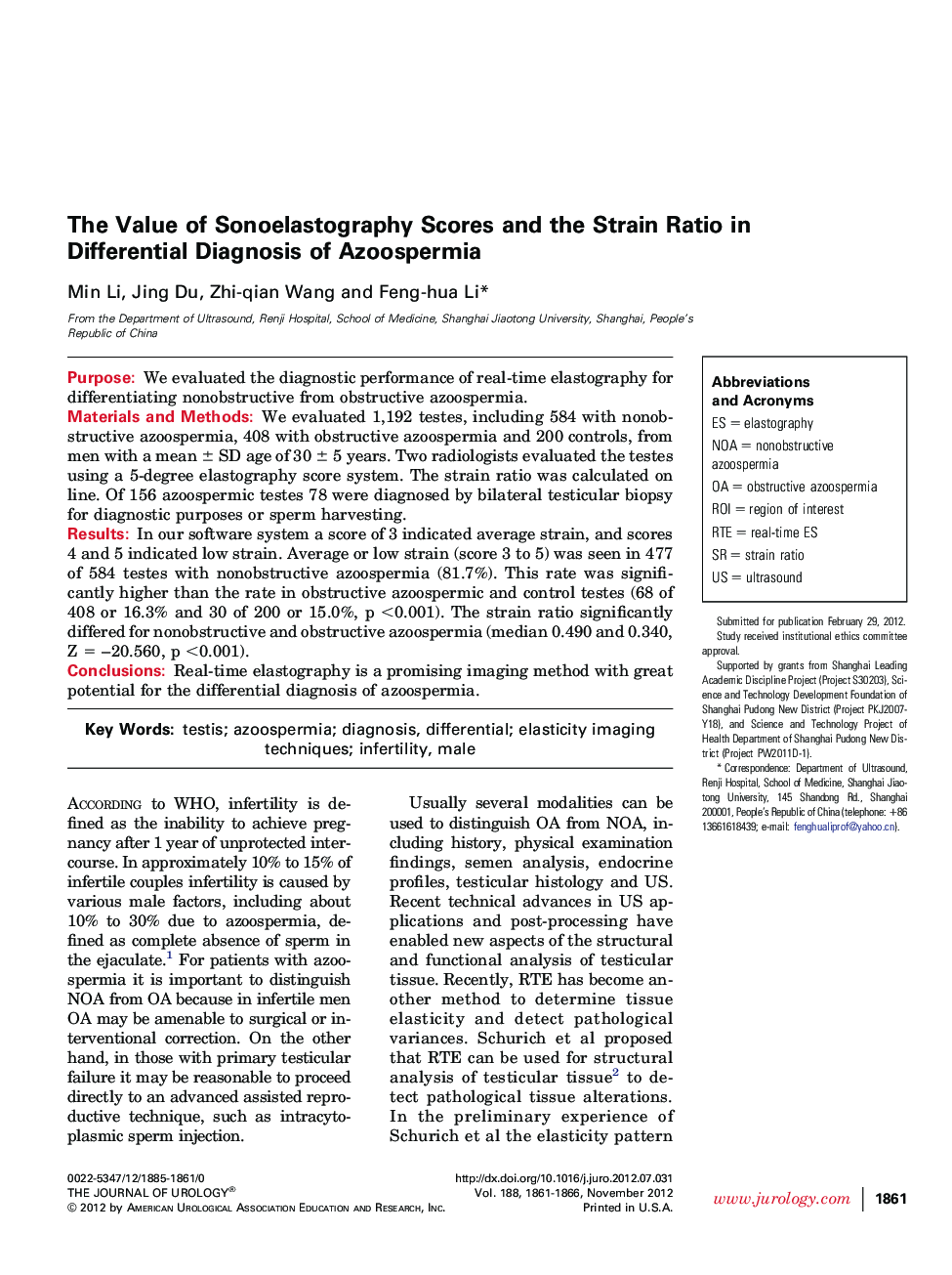 The Value of Sonoelastography Scores and the Strain Ratio in Differential Diagnosis of Azoospermia 