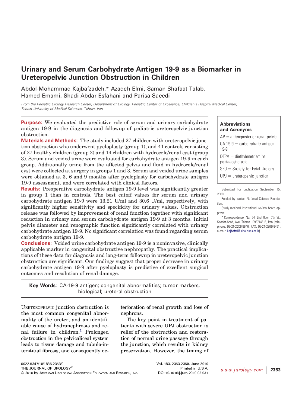 Urinary and Serum Carbohydrate Antigen 19-9 as a Biomarker in Ureteropelvic Junction Obstruction in Children