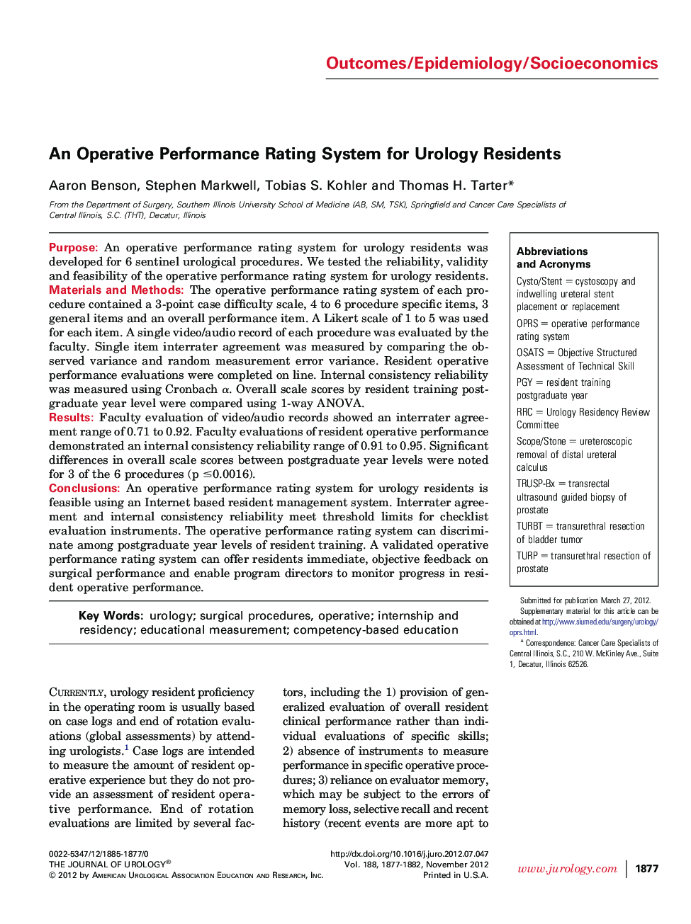 An Operative Performance Rating System for Urology Residents 