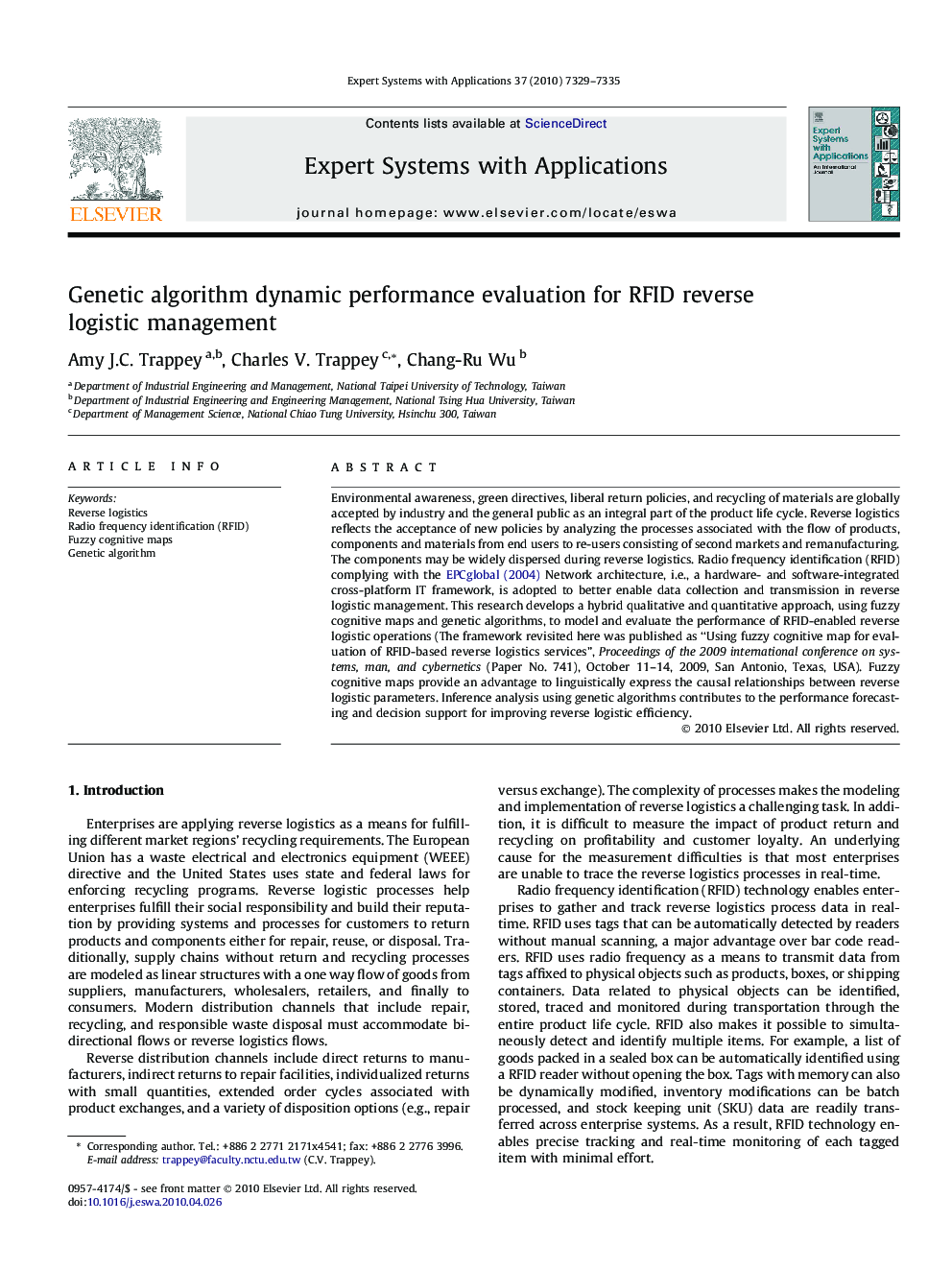 Genetic algorithm dynamic performance evaluation for RFID reverse logistic management