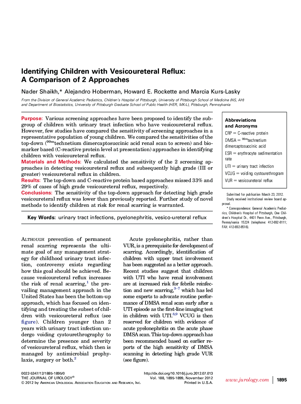 عکس صفحه اول مقاله: Identifying Children with Vesicoureteral Reflux: A Comparison of 2 Approaches Identifying Children with Vesicoureteral Reflux: A Comparison of 2 Approaches