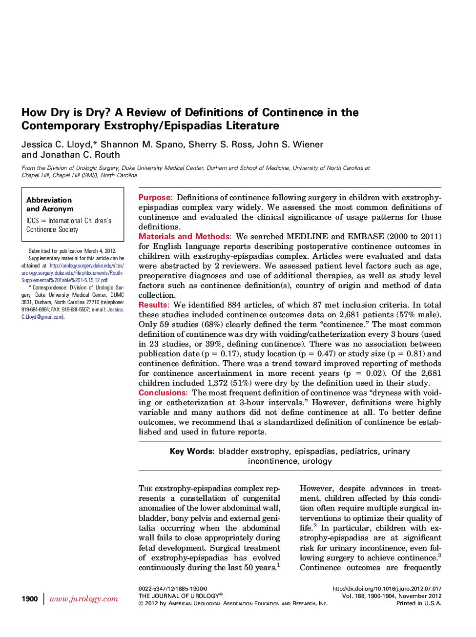 How Dry is Dry? A Review of Definitions of Continence in the Contemporary Exstrophy/Epispadias Literature 