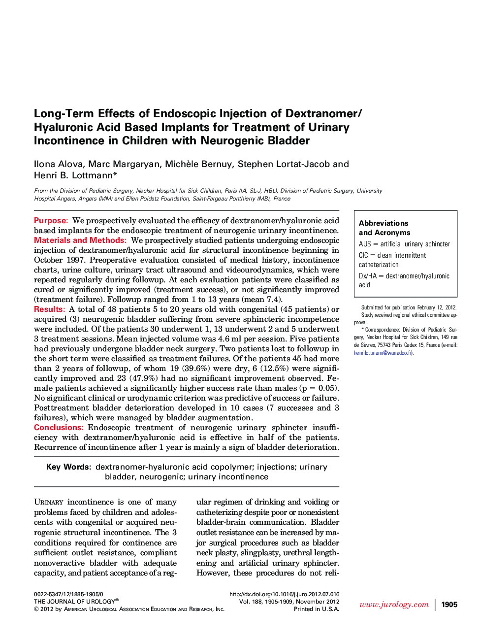 Long-Term Effects of Endoscopic Injection of Dextranomer/Hyaluronic Acid Based Implants for Treatment of Urinary Incontinence in Children with Neurogenic Bladder