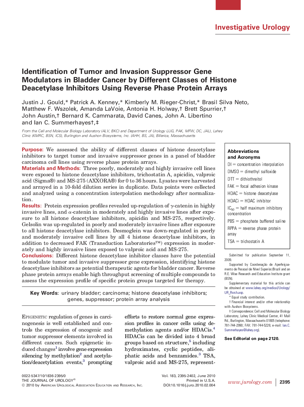 Identification of Tumor and Invasion Suppressor Gene Modulators in Bladder Cancer by Different Classes of Histone Deacetylase Inhibitors Using Reverse Phase Protein Arrays