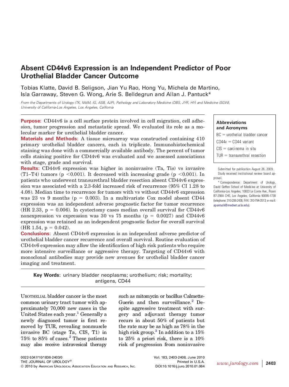 Absent CD44v6 Expression is an Independent Predictor of Poor Urothelial Bladder Cancer Outcome 