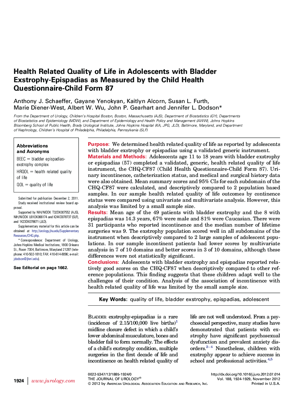 Health Related Quality of Life in Adolescents with Bladder Exstrophy-Epispadias as Measured by the Child Health Questionnaire-Child Form 87 