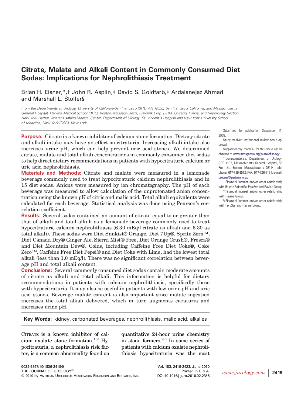 Citrate, Malate and Alkali Content in Commonly Consumed Diet Sodas: Implications for Nephrolithiasis Treatment 