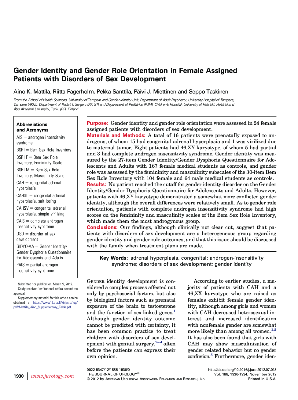 Gender Identity and Gender Role Orientation in Female Assigned Patients with Disorders of Sex Development 