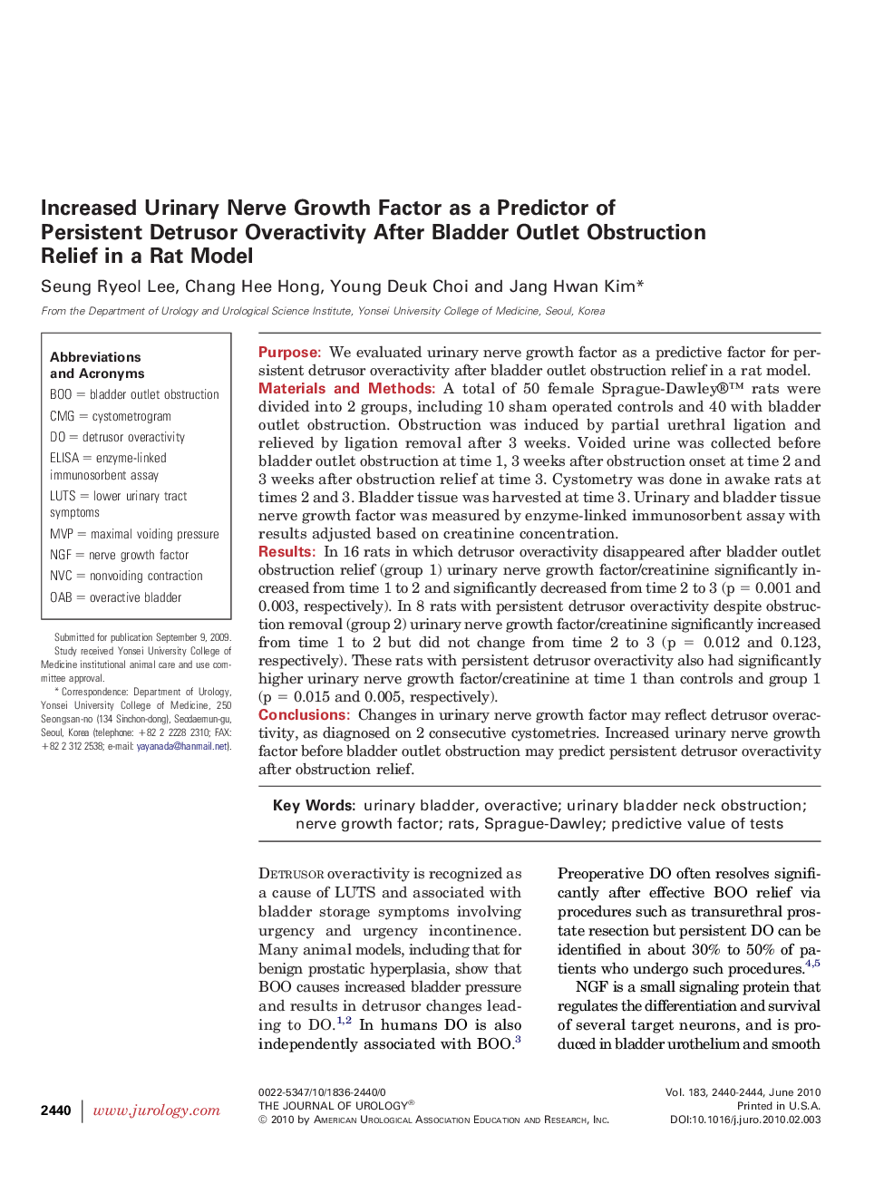 Increased Urinary Nerve Growth Factor as a Predictor of Persistent Detrusor Overactivity After Bladder Outlet Obstruction Relief in a Rat Model 