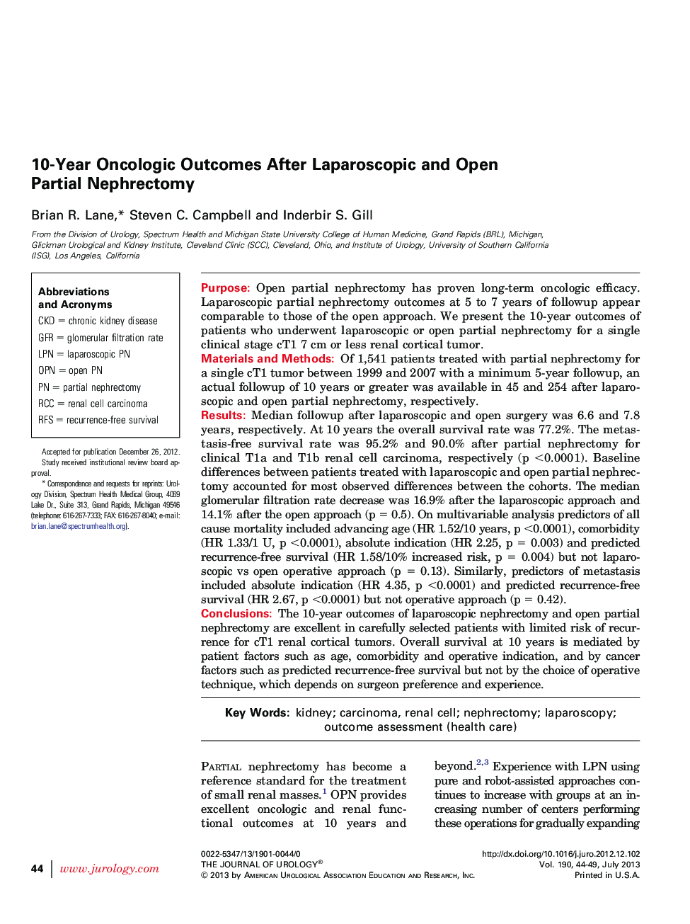 10-Year Oncologic Outcomes After Laparoscopic and Open Partial Nephrectomy 