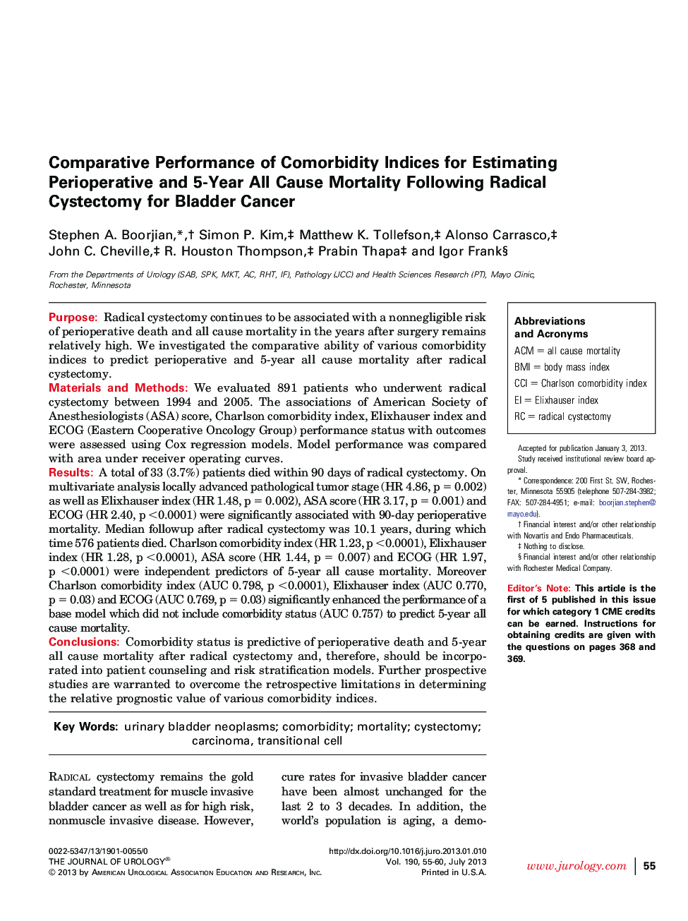 Comparative Performance of Comorbidity Indices for Estimating Perioperative and 5-Year All Cause Mortality Following Radical Cystectomy for Bladder Cancer 