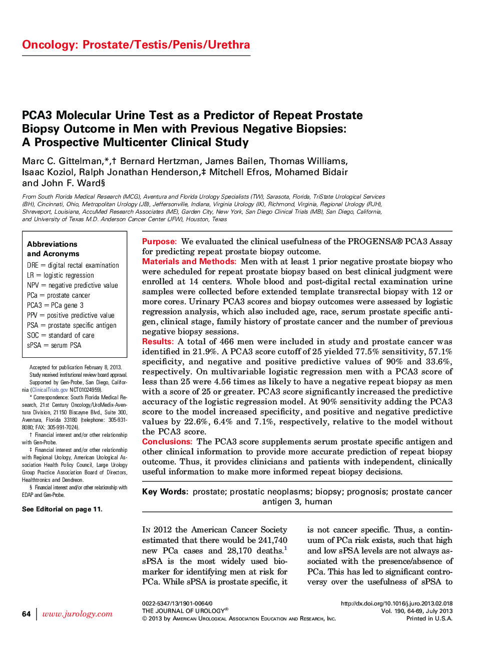 PCA3 Molecular Urine Test as a Predictor of Repeat Prostate Biopsy Outcome in Men with Previous Negative Biopsies: A Prospective Multicenter Clinical Study