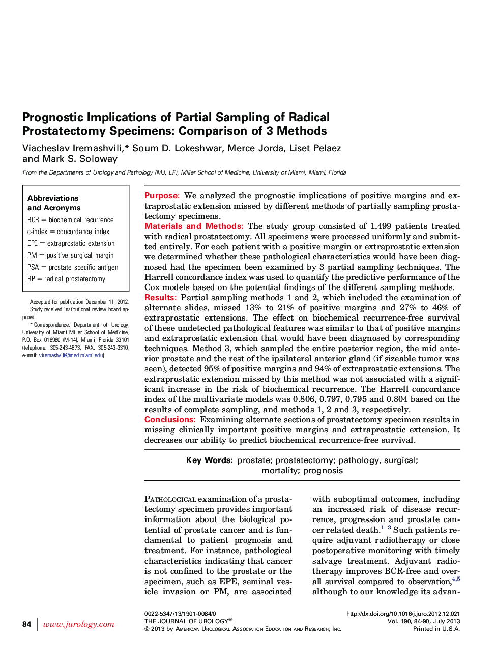 Prognostic Implications of Partial Sampling of Radical Prostatectomy Specimens: Comparison of 3 Methods 