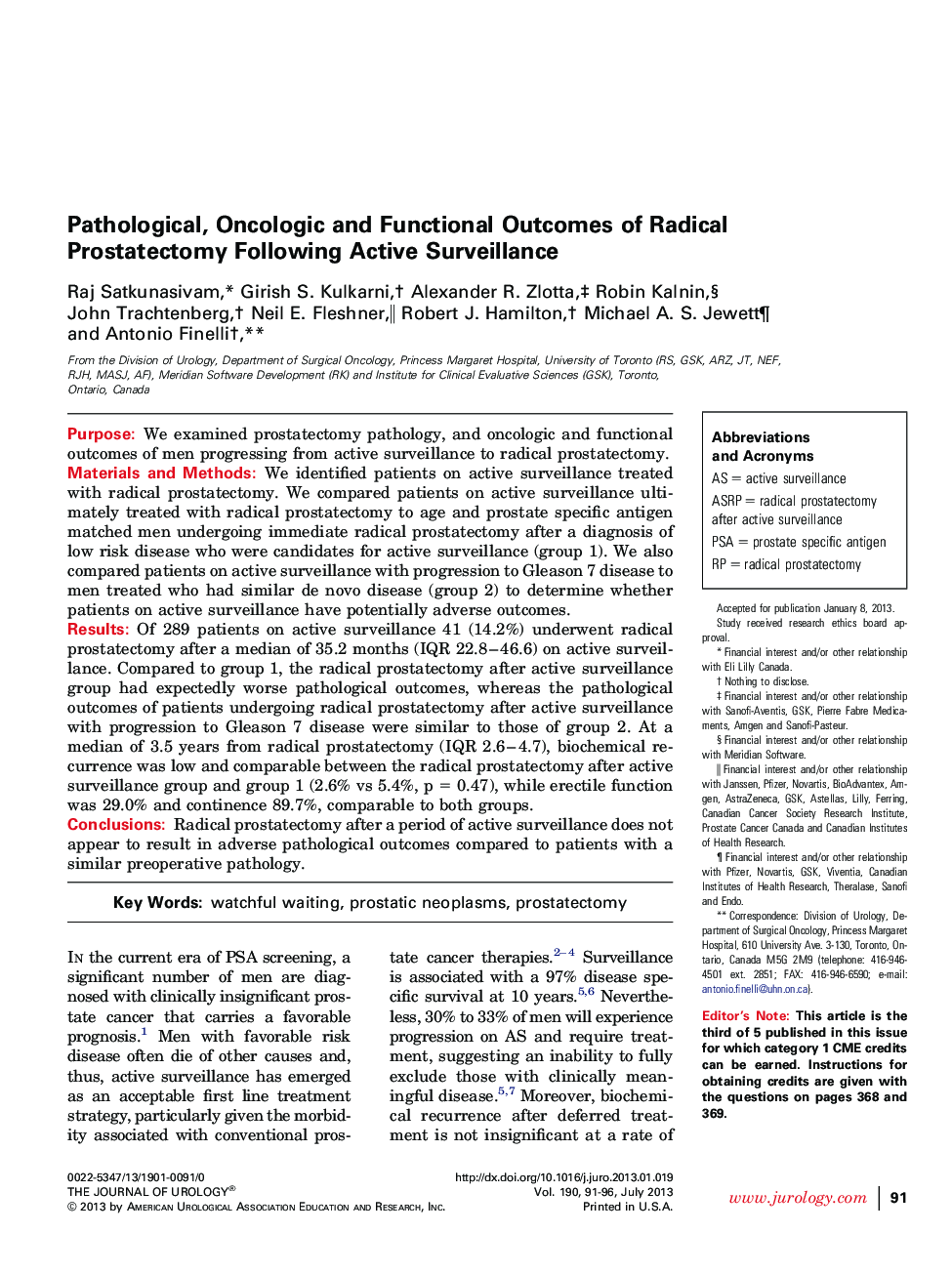 Pathological, Oncologic and Functional Outcomes of Radical Prostatectomy Following Active Surveillance 