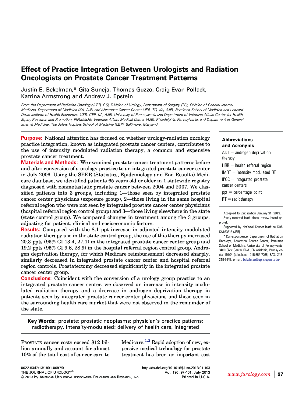 Effect of Practice Integration Between Urologists and Radiation Oncologists on Prostate Cancer Treatment Patterns