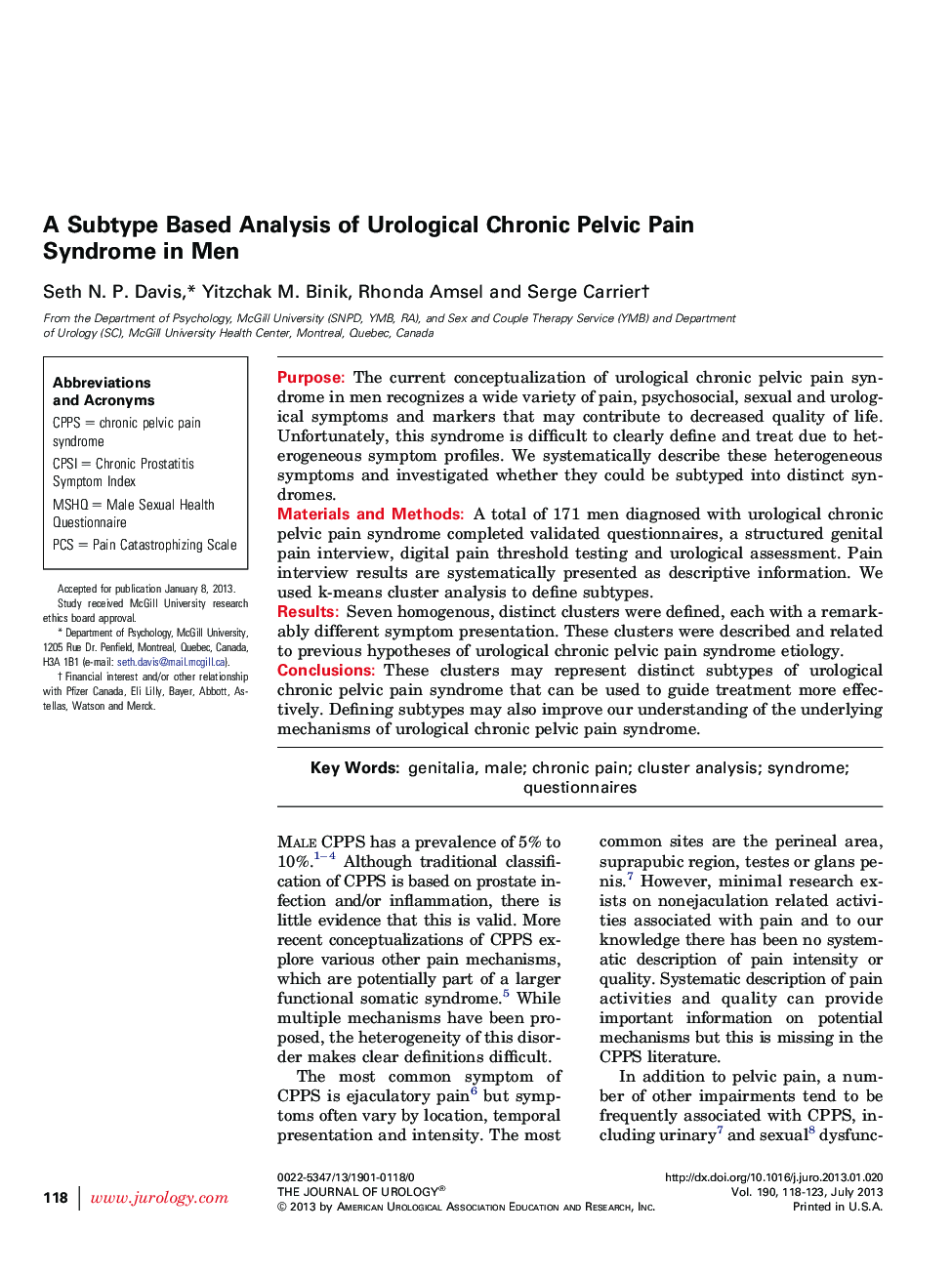 A Subtype Based Analysis of Urological Chronic Pelvic Pain Syndrome in Men