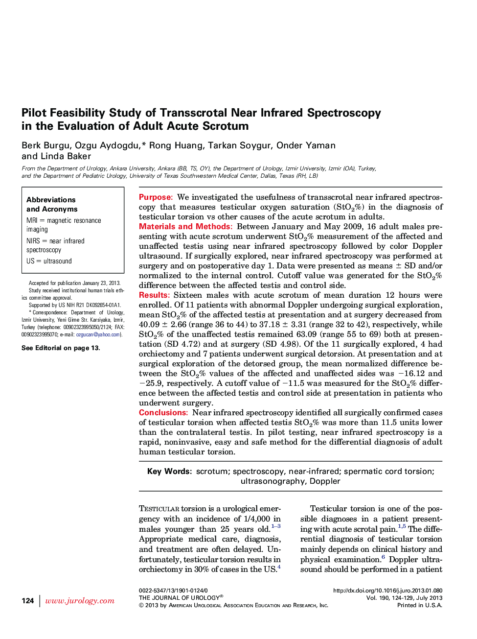 Pilot Feasibility Study of Transscrotal Near Infrared Spectroscopy in the Evaluation of Adult Acute Scrotum 