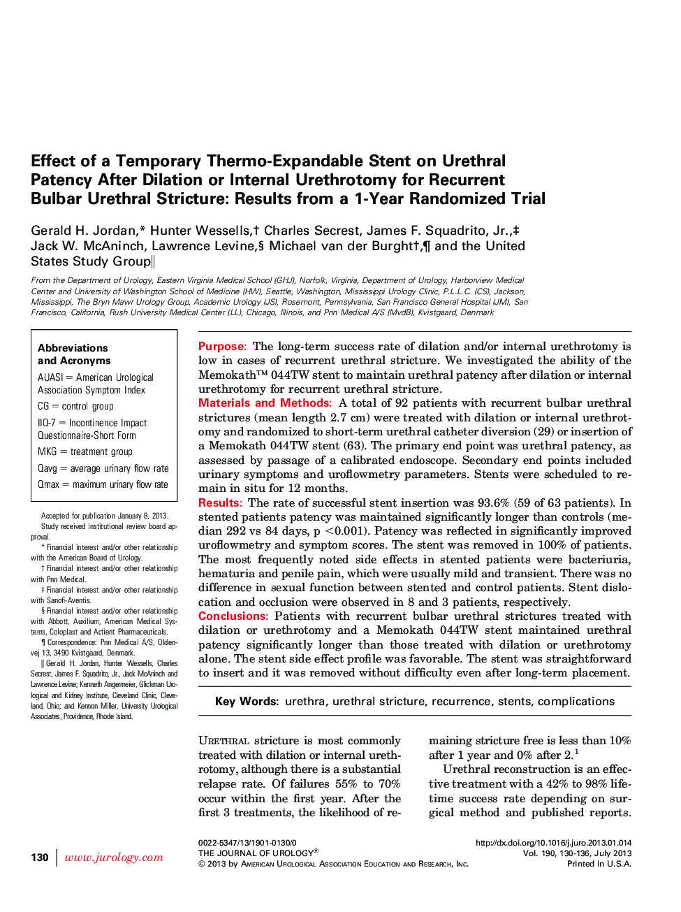 Effect of a Temporary Thermo-Expandable Stent on Urethral Patency After Dilation or Internal Urethrotomy for Recurrent Bulbar Urethral Stricture: Results from a 1-Year Randomized Trial 