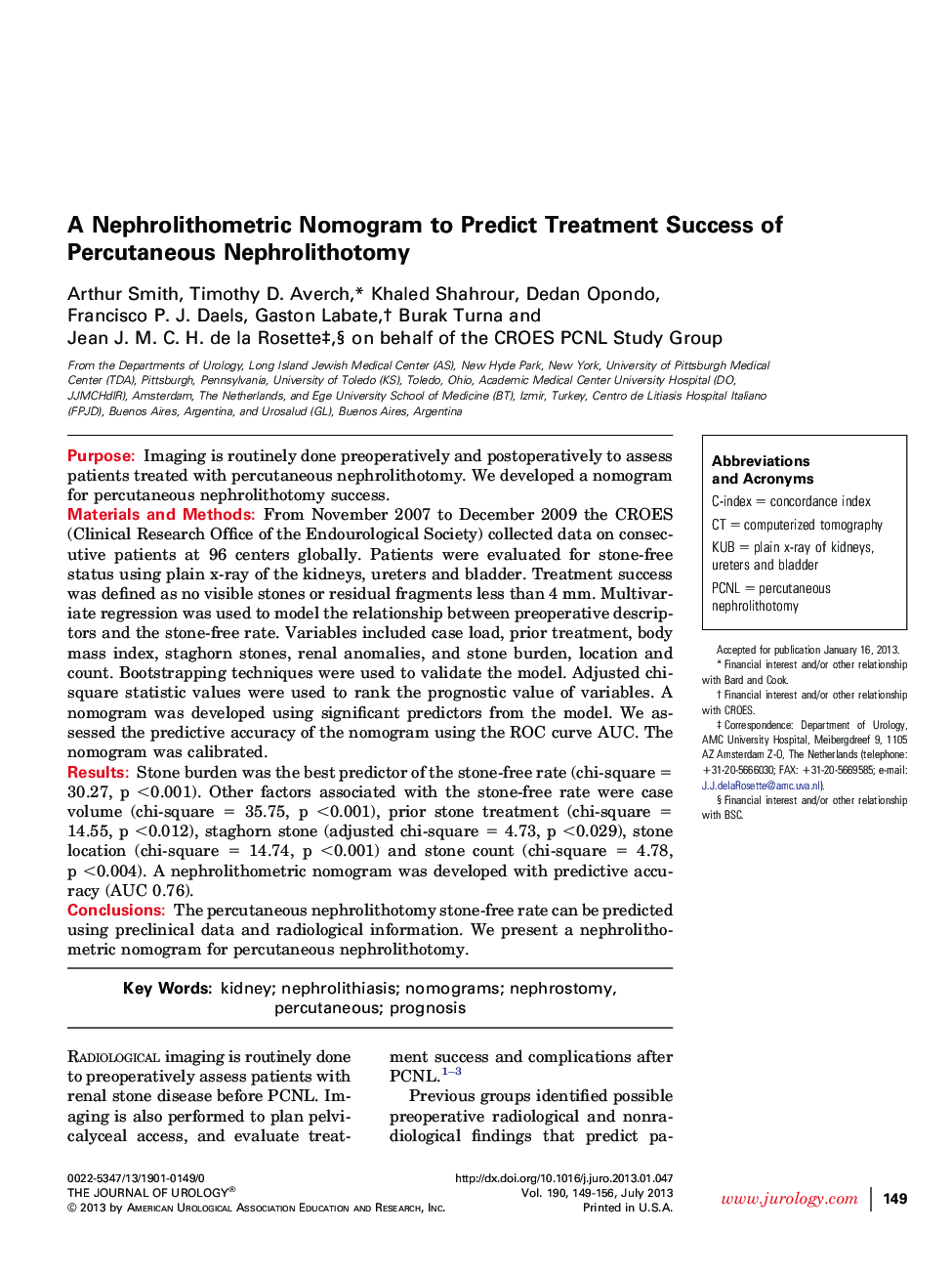 A Nephrolithometric Nomogram to Predict Treatment Success of Percutaneous Nephrolithotomy