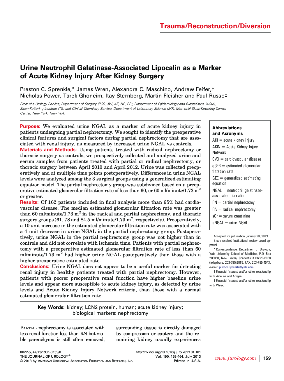 Urine Neutrophil Gelatinase-Associated Lipocalin as a Marker of Acute Kidney Injury After Kidney Surgery 