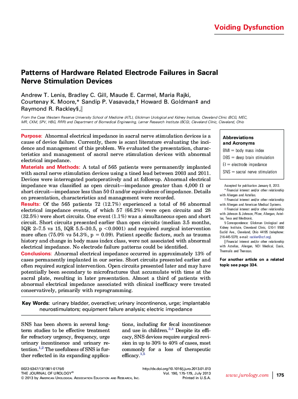 Patterns of Hardware Related Electrode Failures in Sacral Nerve Stimulation Devices