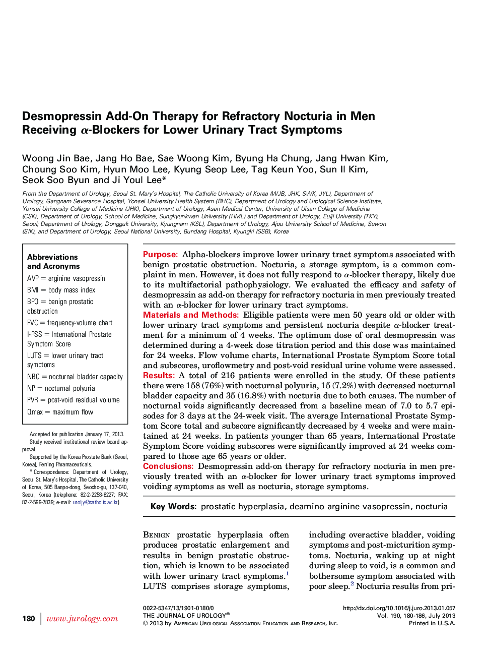 Desmopressin Add-On Therapy for Refractory Nocturia in Men Receiving α-Blockers for Lower Urinary Tract Symptoms 