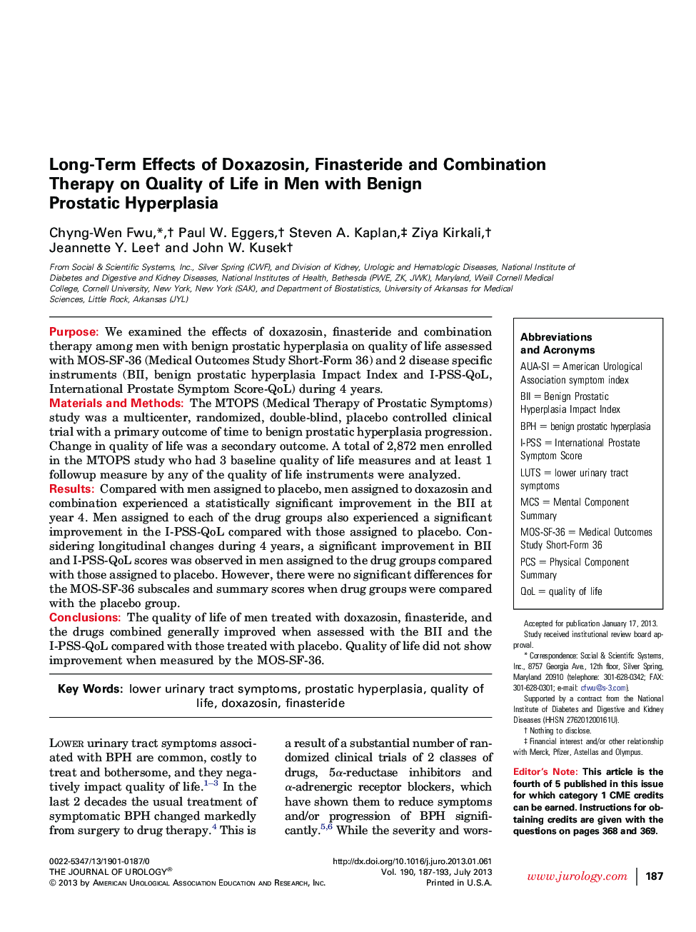 Long-Term Effects of Doxazosin, Finasteride and Combination Therapy on Quality of Life in Men with Benign Prostatic Hyperplasia 