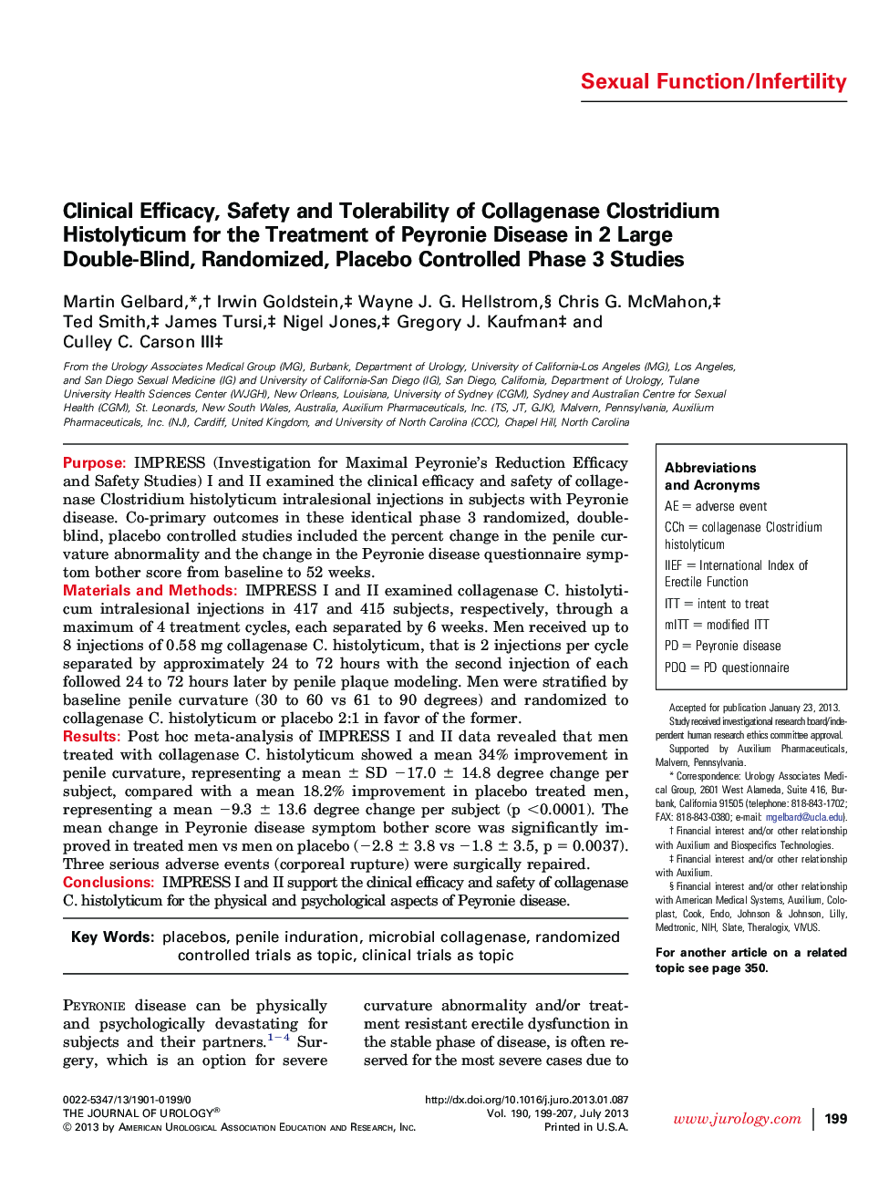 Clinical Efficacy, Safety and Tolerability of Collagenase Clostridium Histolyticum for the Treatment of Peyronie Disease in 2 Large Double-Blind, Randomized, Placebo Controlled Phase 3 Studies 