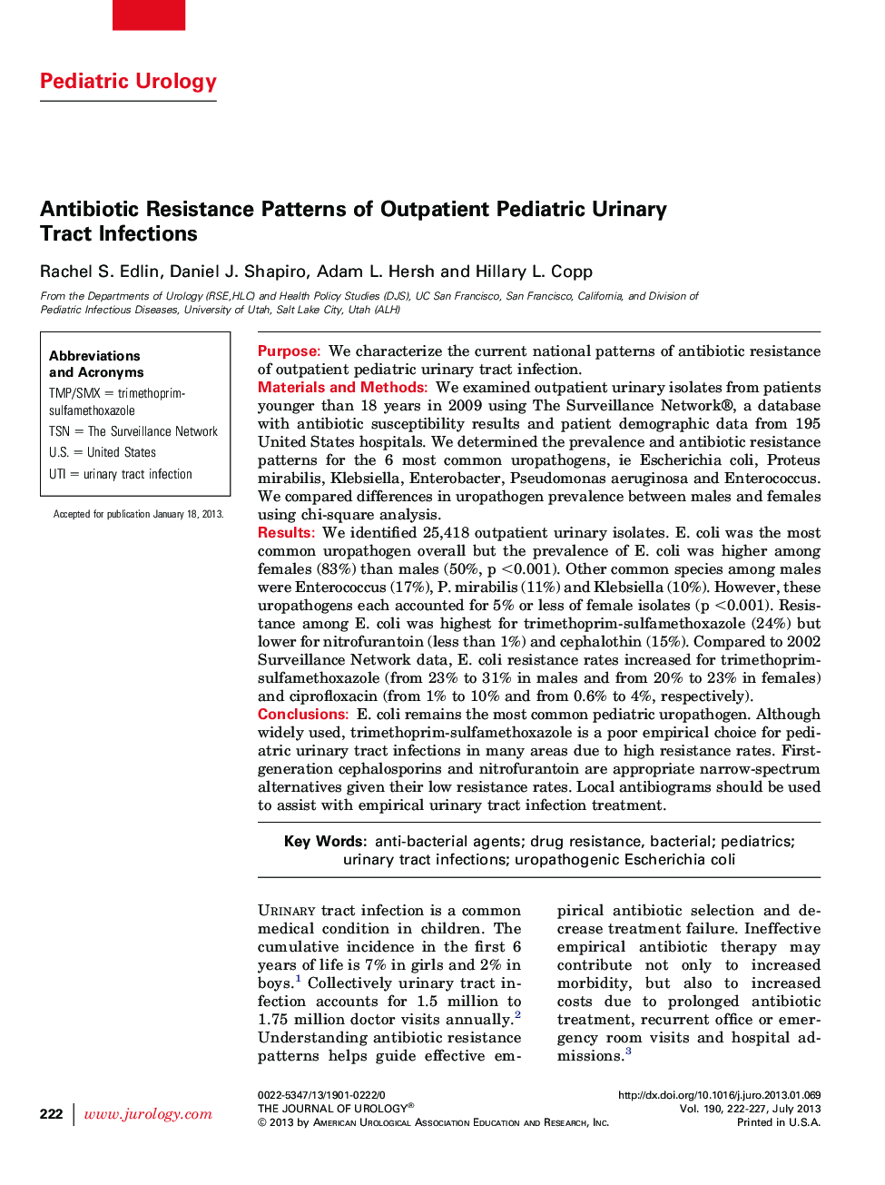 Antibiotic Resistance Patterns of Outpatient Pediatric Urinary Tract Infections