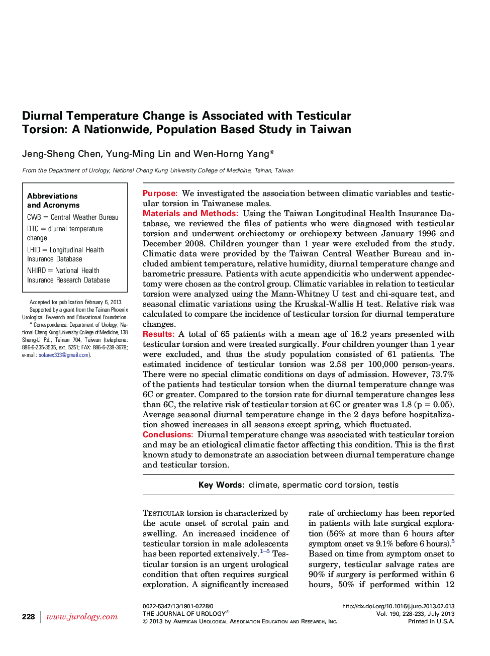 Diurnal Temperature Change is Associated with Testicular Torsion: A Nationwide, Population Based Study in Taiwan
