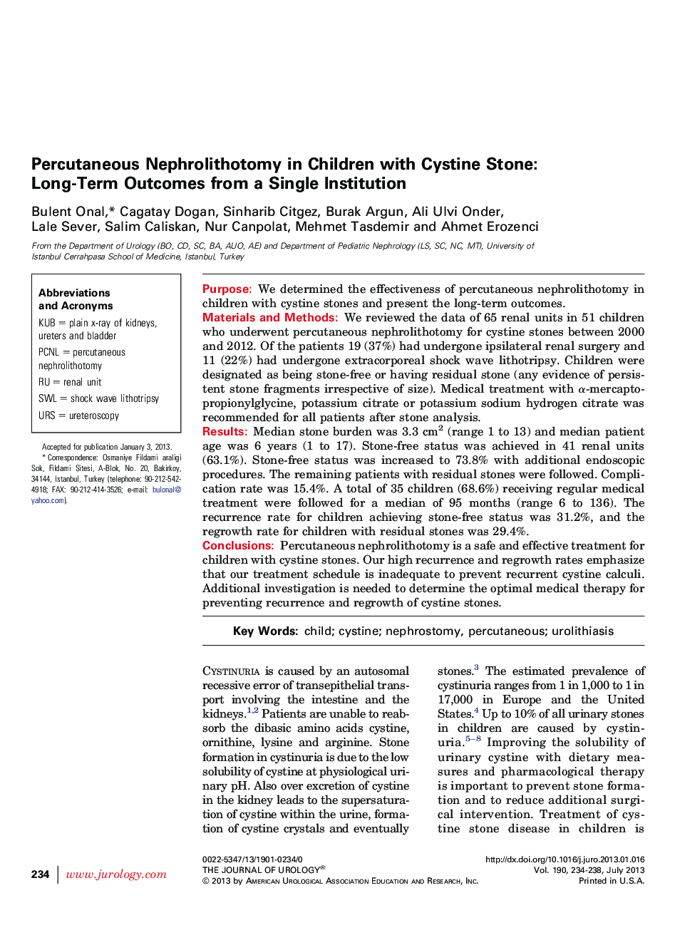 Percutaneous Nephrolithotomy in Children with Cystine Stone: Long-Term Outcomes from a Single Institution